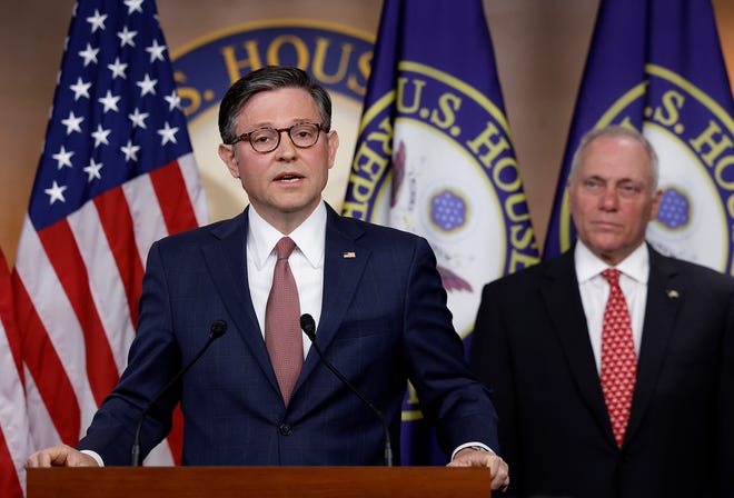 U.S. House Speaker Mike Johnson, R-La., speaks alongside House Majority Whip Steve Scalise, R-La., at a news conference after a meeting of the House Republican Conference at the Capitol of the USA on June 12, 2024 in Washington, DC.